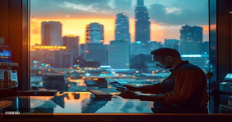A cinematic editorial photograph set at the heart of Manila's bustling financial district, with the iconic Bonifacio Global C