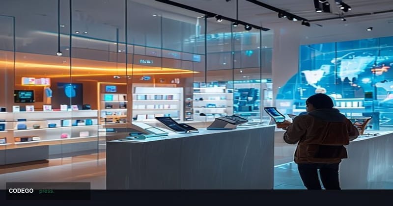 A cinematic editorial photograph set inside a sleek, modern Xiaomi flagship retail store — recognizable by the signature mini