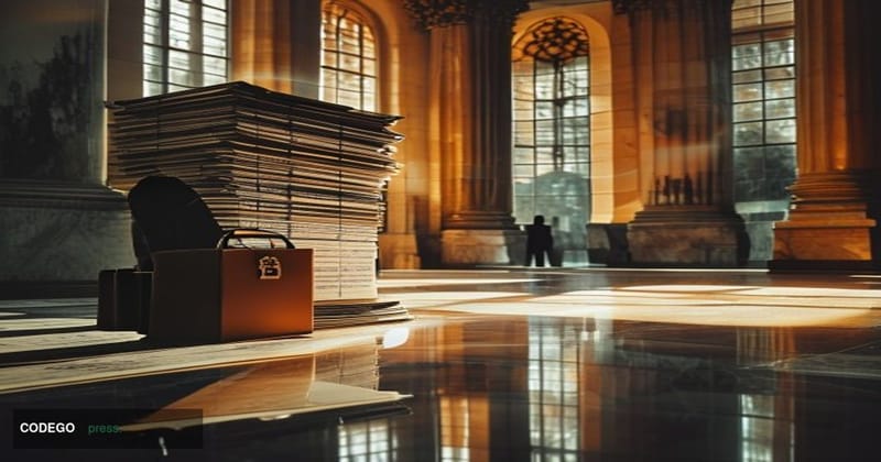A dramatic courtroom-adjacent editorial scene set in a federal courthouse corridor in lower Manhattan, New York — the iconic 