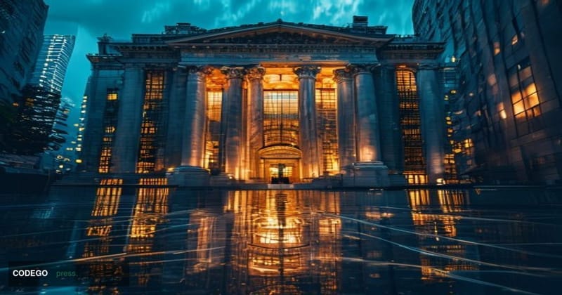 A photorealistic editorial photograph capturing the exterior of the Bank of Japan's neoclassical stone headquarters in Tokyo'