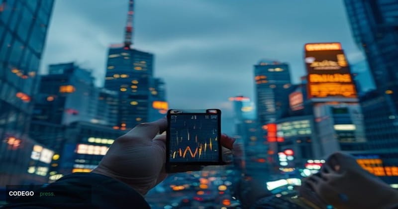 A cinematic editorial photograph set in the financial district of Tokyo, with the iconic Tokyo skyline and recognizable glass