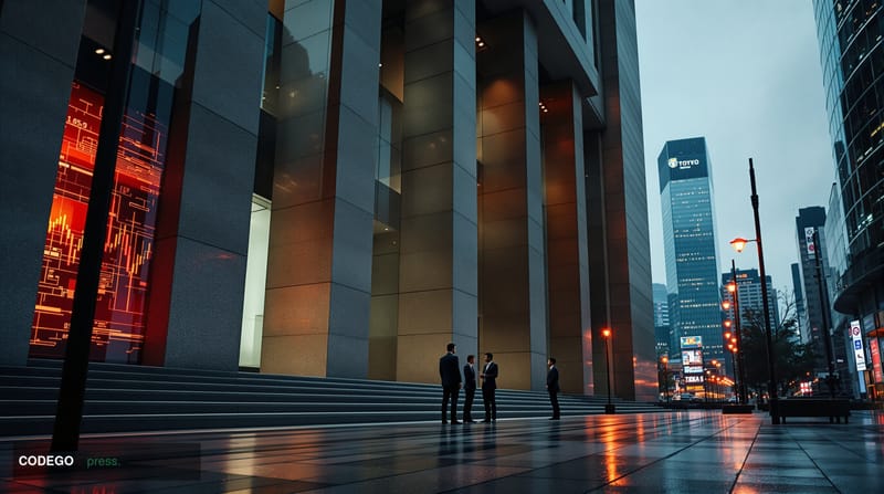 A dramatic cinematic editorial photograph set in Tokyo's financial district, with the iconic Tokyo Stock Exchange building fa