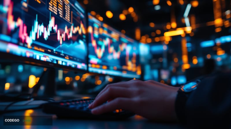 A dramatic cinematic editorial photograph shot from a low angle inside a professional trading floor, with multiple large moni