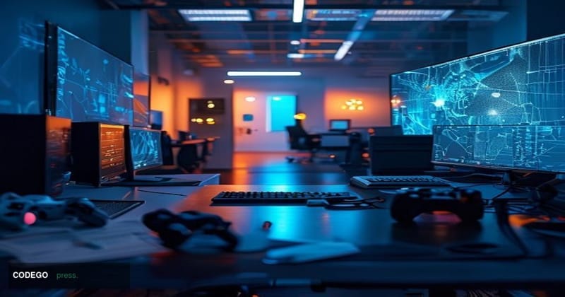 A dramatic cinematic editorial photograph of a darkened gaming studio office, with screens displaying pixelated blockchain ga