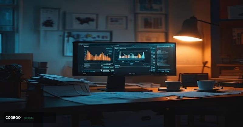 A cinematic editorial photograph of a sleek dark computer monitor displaying a dissolving, glowing DeFi dashboard interface w