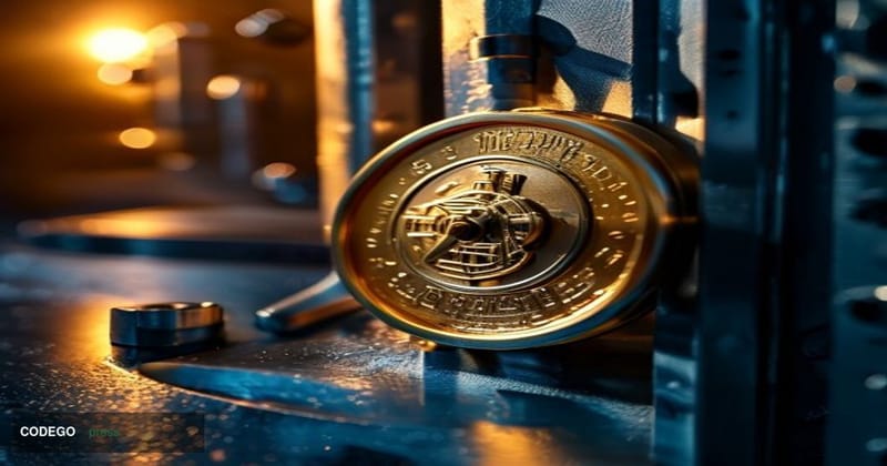 A dramatic close-up editorial photograph of a physical Zcash coin rendered in polished gold and silver alloy, positioned on a