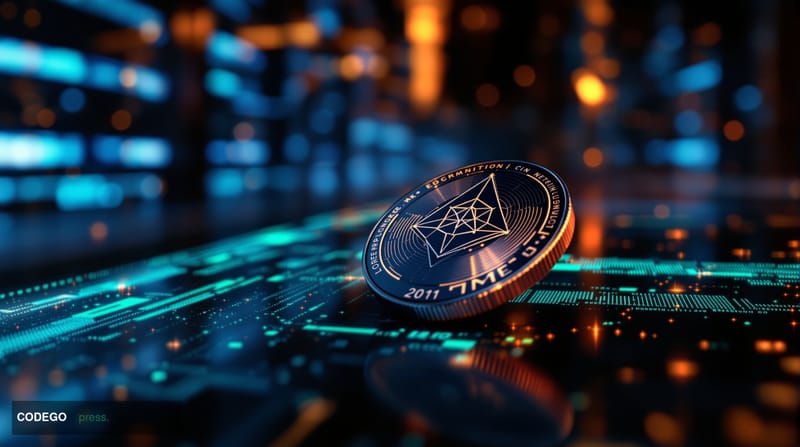 A dramatic cinematic editorial photograph centered on a physical representation of the Zcash logo — a polished metallic ZEC c