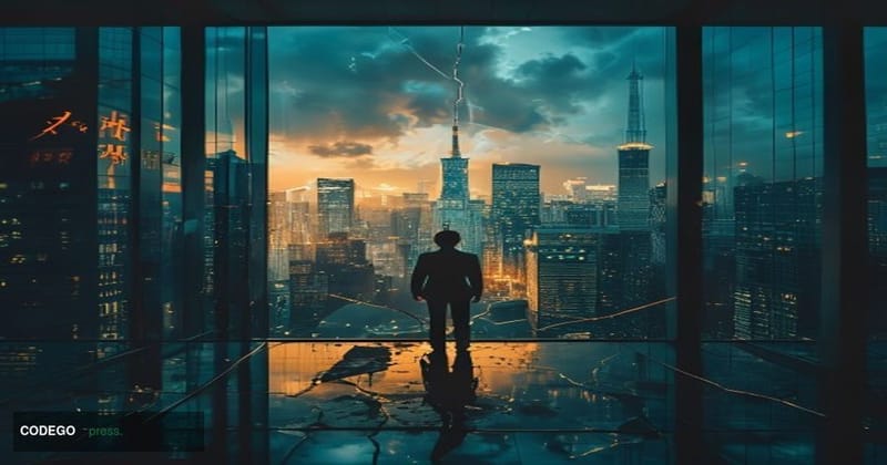 A dramatic cinematic editorial photograph set in Tokyo's financial district at dusk, with the iconic Tokyo skyscrapers and Sh