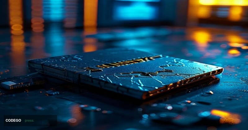A dramatic cinematic editorial photograph depicting a shattered physical cold storage hardware wallet device lying on a dark 