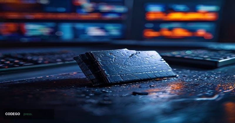 A cinematic editorial photograph depicting a fractured, frost-covered hardware cold wallet device resting on a dark polished 