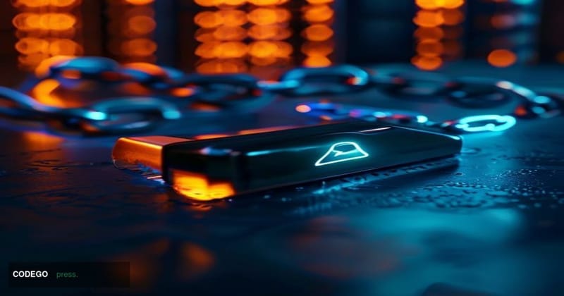 A cinematic editorial close-up of a Ledger hardware wallet device resting on a dark matte surface, shot from a low 45-degree 