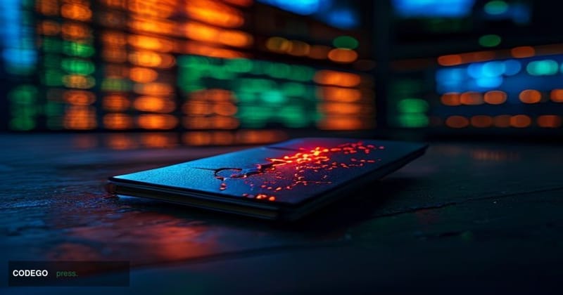 A close-up cinematic editorial photograph of a Ledger hardware wallet device resting on a dark matte surface, cracked open wi