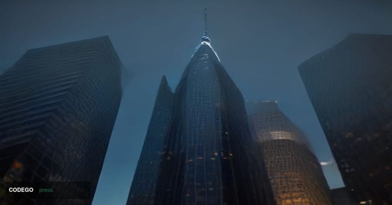 A dramatic cinematic editorial photograph of a gleaming modern financial district at dusk, shot from a low angle looking upwa