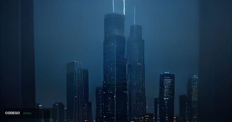 A cinematic editorial photograph set at night in Dubai, with the iconic Burj Khalifa and surrounding financial district skyli