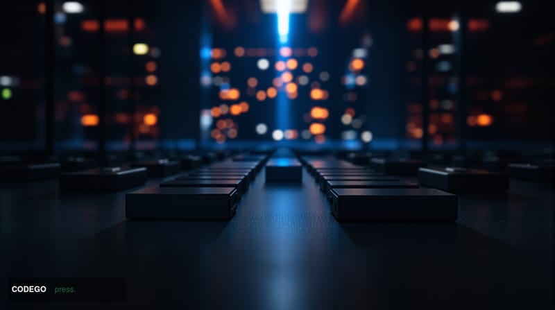 A cinematic editorial photograph depicting a dimly lit secure vault room with rows of physical hardware security devices arra