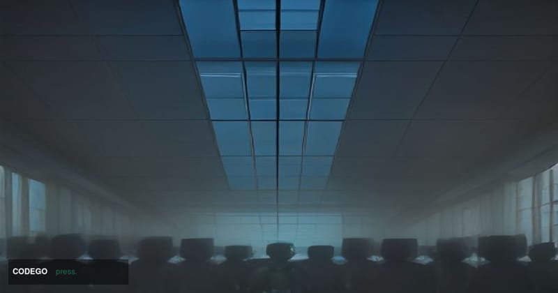 A dramatic cinematic editorial photograph set inside a vast, modernist bank headquarters trading floor at twilight, shot from