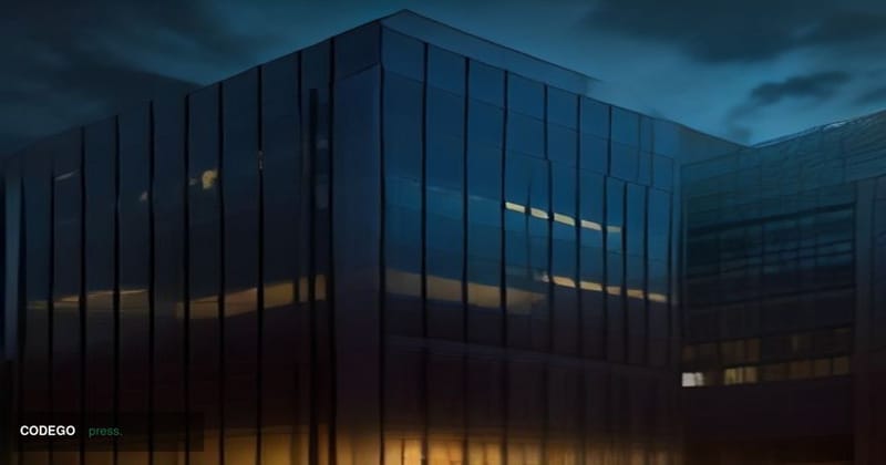 A cinematic editorial photograph of a grand, modernist banking headquarters at dusk, its vast glass curtain-wall facade refle