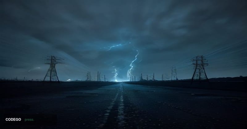 A dramatic cinematic editorial photograph shot at ground level looking up at a tangle of high-voltage electrical transmission