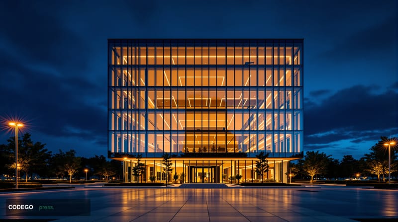 A cinematic editorial photograph of a sleek modern financial technology campus exterior at dusk, shot from a low angle lookin