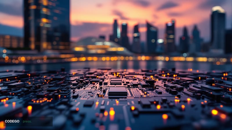 A cinematic editorial photograph of the Singapore financial district at dusk, shot from a low angle looking upward at a gleam