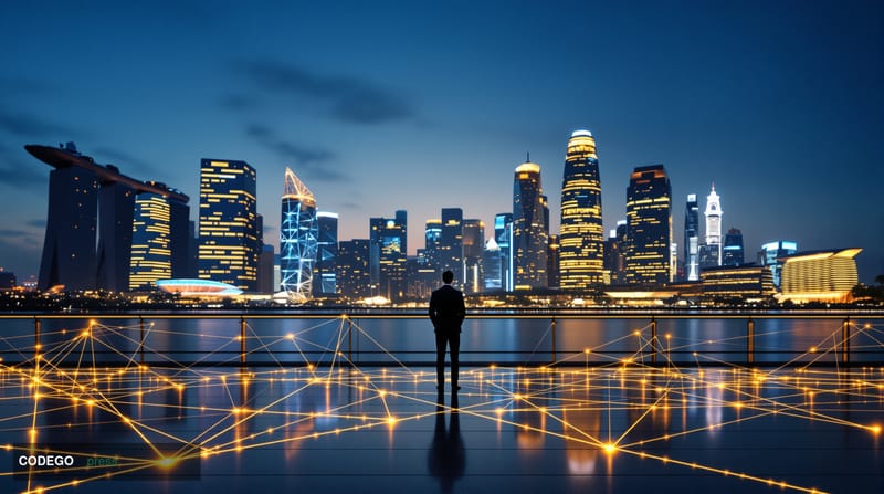 A sweeping photorealistic editorial photograph of Singapore's Marina Bay financial district skyline at blue hour, captured fr