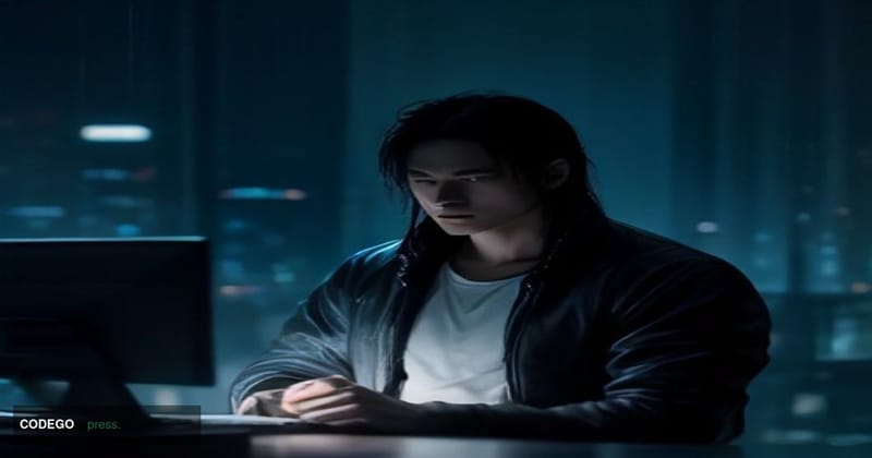A cinematic editorial photograph set in a darkened Southeast Asian urban environment at night, with the glowing neon-lit skyl