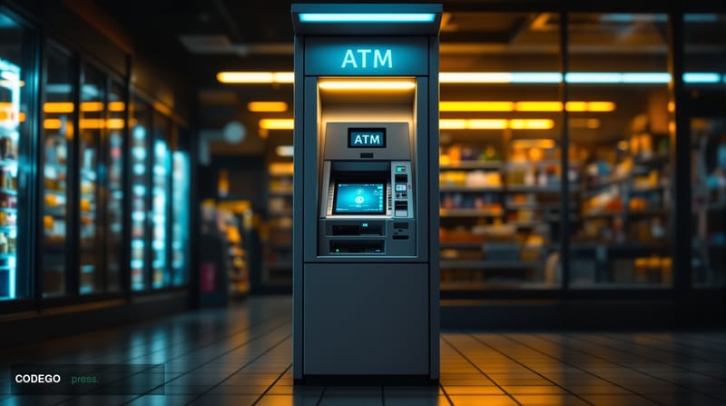 A photorealistic editorial photograph of a standalone cryptocurrency ATM kiosk inside a convenience store, shot from a low an