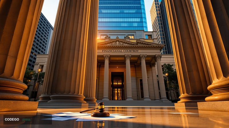 A photorealistic editorial photograph of a sleek Australian financial district courthouse exterior at dawn, shot from a low a