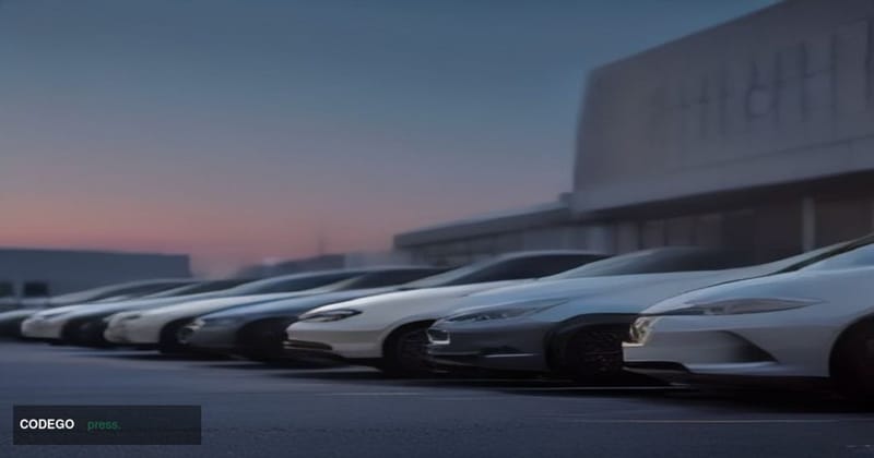 A cinematic editorial photograph of a sleek, modern AutoNation dealership forecourt shot at dusk, rows of new vehicles gleami