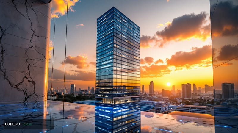 A dramatic cinematic editorial photograph of a modern Israeli banking headquarters at golden hour, featuring a sleek glass-an