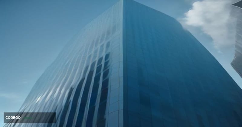 A dramatic cinematic editorial photograph taken from a low angle looking up at the gleaming glass and steel exterior of a maj