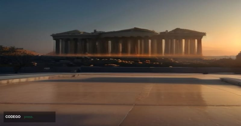 A cinematic editorial photograph set in Athens, Greece, featuring the Parthenon atop the Acropolis visible in the soft-focus 