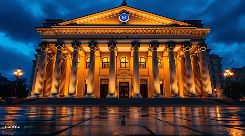 A photorealistic editorial photograph of the neoclassical exterior of the Bank of Russia headquarters in Moscow, shot at dusk