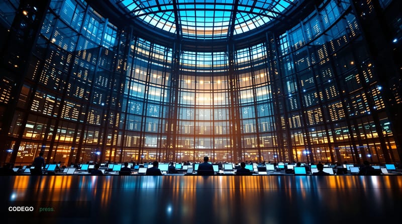 A cinematic editorial photograph of a dramatic trading floor environment at dusk, viewed from a low angle looking upward towa