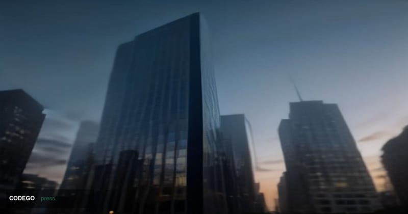 A photorealistic cinematic editorial photograph taken at ground level looking up at a modern glass-and-steel residential towe