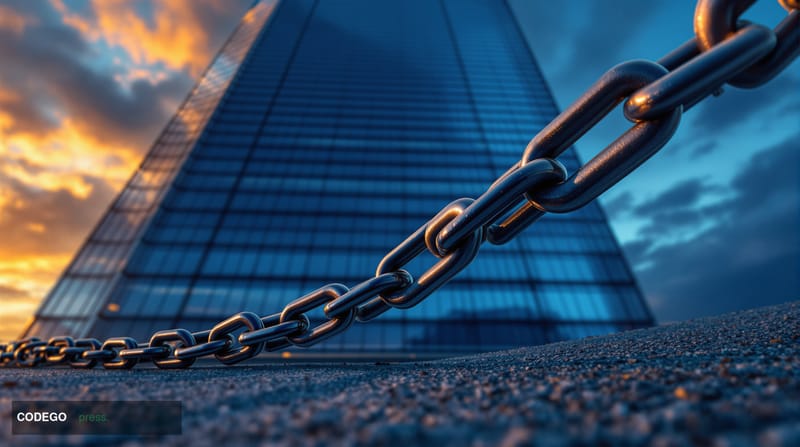A wide-angle cinematic editorial photograph shot from a low angle looking up at a monumental glass-and-steel financial distri