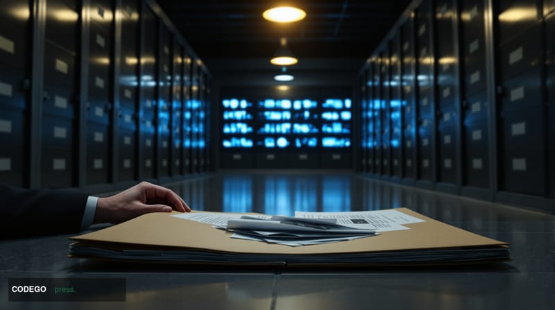 A cinematic editorial photograph set inside a stark, dimly lit governmental records room in Moscow, with towering filing cabi