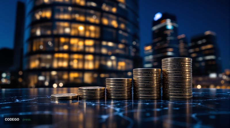 A cinematic editorial photograph set at the Binance global exchange headquarters facade at night, with the illuminated "Binan