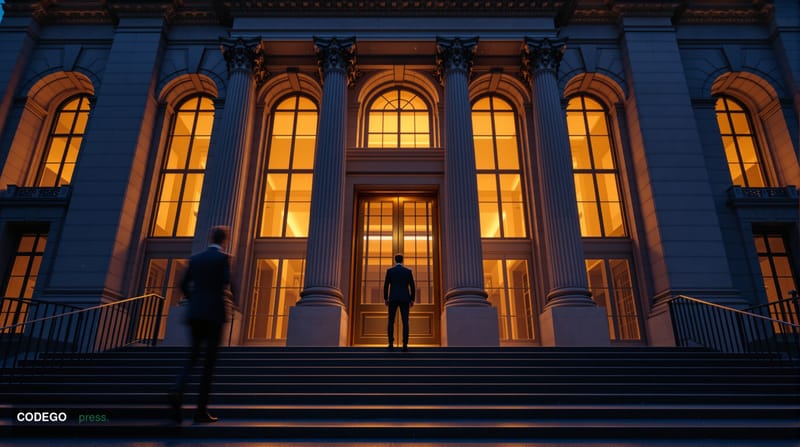A cinematic editorial photograph set at dusk outside a modern European regulatory institution — a grand Brussels-style neocla