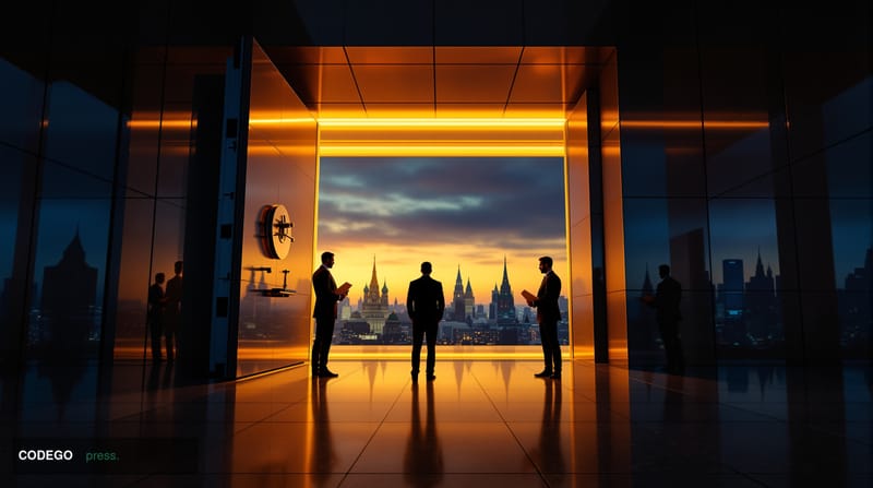 A dramatic cinematic editorial photograph taken from a low angle looking up at a monumental glass-and-steel corporate exchang