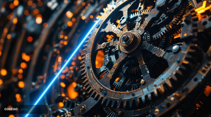 A cinematic editorial photograph depicting a large, precision-engineered mechanical clockwork mechanism rendered in aged bras