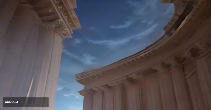 A photorealistic 8K cinematic editorial photograph taken from a low angle looking up at the US Treasury Building in Washingto