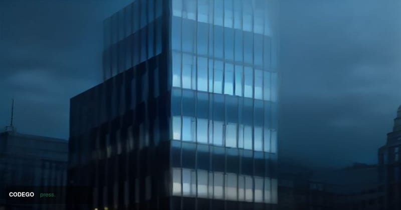 A dramatic split-composition editorial photograph shot from a low angle in a grand European financial district at dusk. The l