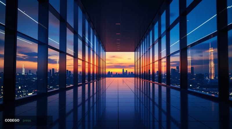 A wide-angle cinematic editorial photograph of a sleek, modern cryptocurrency exchange trading floor environment juxtaposed a