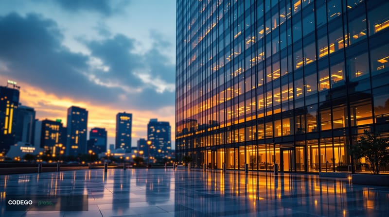 A dramatic low-angle wide shot of a modern glass-and-steel financial district tower in Seoul's Yeouido business quarter at du