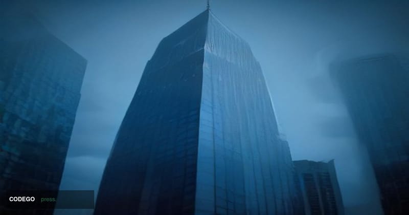 A dramatic cinematic editorial photograph of a large glass-and-steel financial district skyscraper shot from a low angle at d