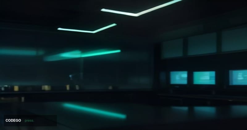 A cinematic editorial photograph set inside a sleek, dimly lit blockchain technology operations center, with the warm amber g