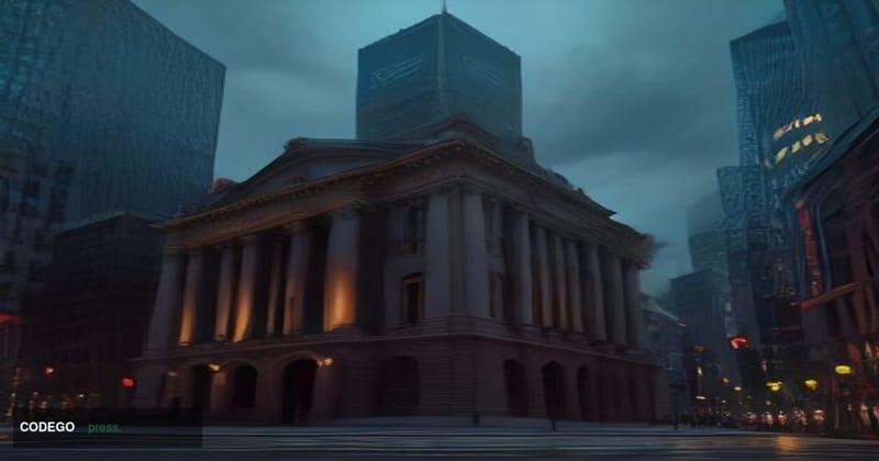 A cinematic editorial photograph set in Tokyo's financial district at dusk, featuring the imposing granite facade of the Bank