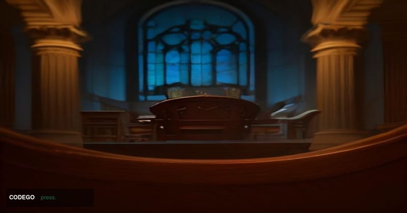 A dramatically lit federal regulatory hearing room interior, shot from a low angle looking up toward a curved mahogany hearin