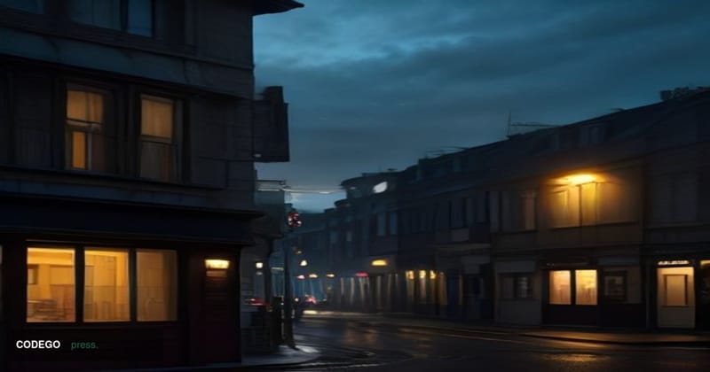 A cinematic editorial photograph shot at street level on a classic British high street at dusk, golden amber light fading fro
